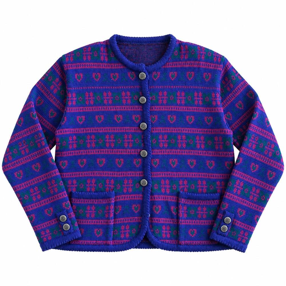 Bryn Connelly Cardigan Sweater M Purple Fair Isle Heart Floral Button Front